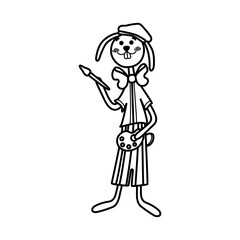 Cute cartoon hare line art. Animal rabbit. Eared character bunny artist in a beret with paints on the palette. Hand drawn vector doodle illustration. Black and white isolated element.