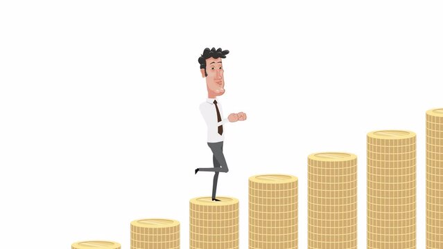 Cartoon male clerk character running up coins stack ladder animation