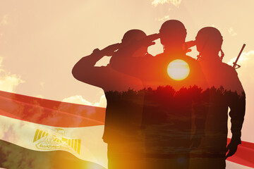 Double exposure of Silhouettes of soliders and the sunset or the sunrise against India flag. Greeting card for Independence day, Republic Day. India celebration.