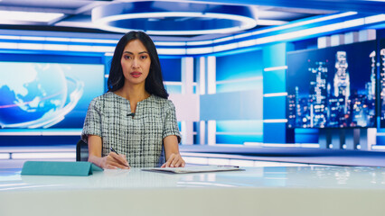 On Air TV Live News Program with Professional Female Presenter Reporting Event of the Day....