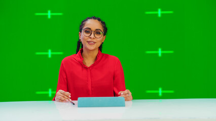 Newsroom TV Studio Live News Program with Green Screen Background: Female Presenter Reporting,...