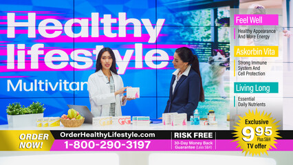 TV Beauty Products Advertisement: Presenter and Expert Doctor Talk, Sell Best Beauty Products, Health Care Supplements, Cosmetics. Mock-up Playback Television Infomercial Commercial Ad, Infographics