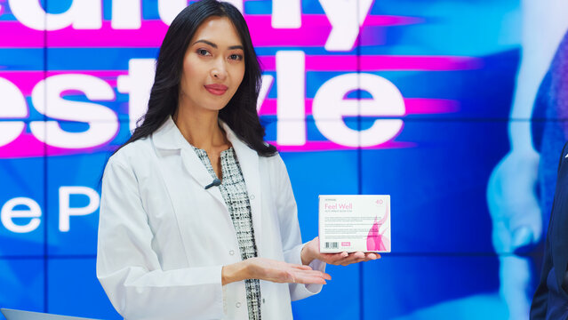 TV Beauty Products Advertisement: Expert Doctor, Professional Beautician Talk, Sell Best Beauty Products, Health Care Supplements, Amazing Cosmetics. Mock-up Television Commercial Ad with Infographics