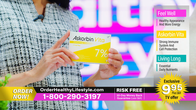 TV Show Product Infomercial: Professional Picks Up Presents Package with Health Care Medical Vitamin Supplements. Showcasing Beauty Dietary Products. Playback Television Commercial Advertisement