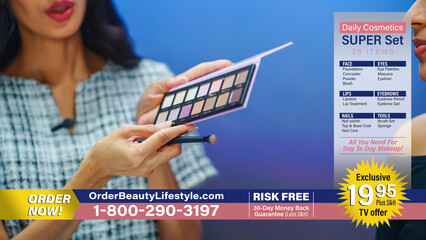 TV Beauty Show Shop Infomercial: Expert Close-up Showcases Eyeshadow Palette, Present Best...