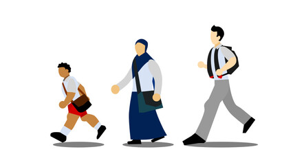 Three Indonesian students walking on their way to their schools