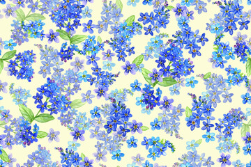 Seamless pattern with forget-me-not flowers. Watercolor colorful floral illustration. Tiny blue flowers on a light yellow background. Best for fabric, wrapping paper, wallpaper.