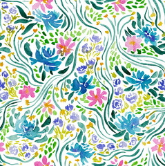 Fototapeta na wymiar Floral seamless pattern painted in watercolor. Background with watercolor flowers and leaves in Doodle style