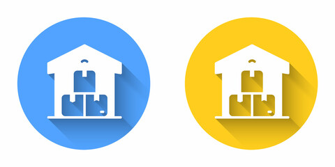 White Full warehouse icon isolated with long shadow background. Circle button. Vector
