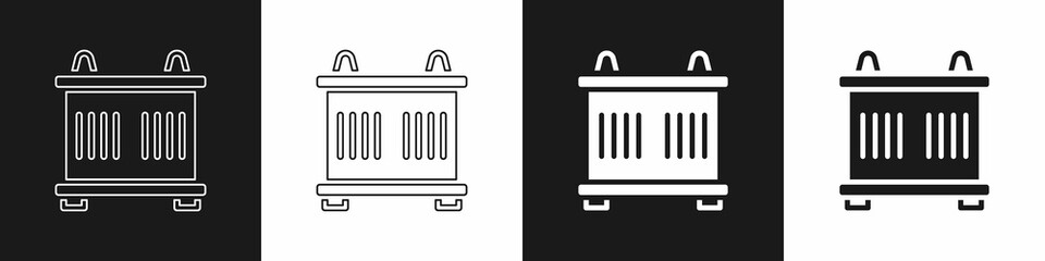 Set Container icon isolated on black and white background. Crane lifts a container with cargo. Vector