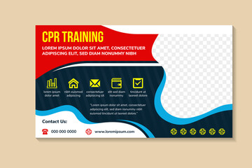 CPR training horizontal banner post template design with an image and text placement, professional eye catchy colorful design. Standard for web banners and social media, vector square