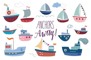 Obraz na płótnie Canvas Ships and boats collection vector illustration, different elements doodle style isolated on white