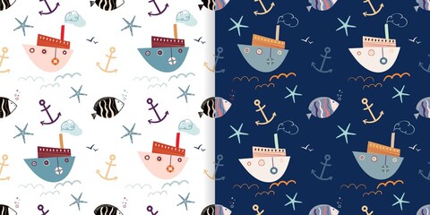 Nautical seamless patterns set with cute boats, fish and anchors, doodle style, decorative summer wallpapers, backgrounds