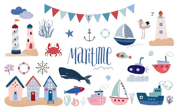 Maritime elements collection, summer vibe, doodle style