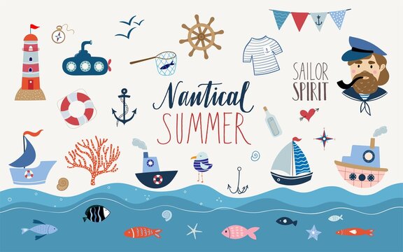 Nautical elements collection, summer vibes, doodle style 