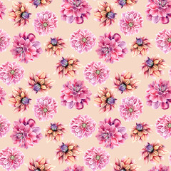 Watercolor seamless pattern with autumn dahlia flowers bouquets. Purple dahlia flowers repeat.