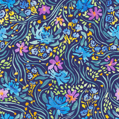 Floral seamless pattern painted in watercolor. Background with watercolor flowers and leaves in Doodle style