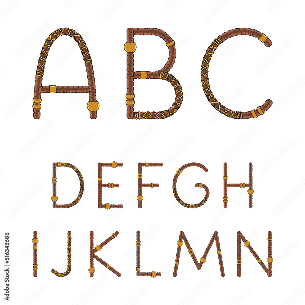 Poster font, alphabet, letters from dreadlocks from a to n. isolated vector objects on a white background.