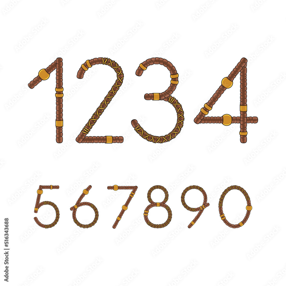 Poster font, numbers from dreadlocks. isolated vector objects on a white background.