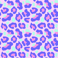 Seamless pink leopard pattern. Trendy gepard, leopard print in violet, blue and pink colour. Animal print background for design, fabric, textile,  advertising banner. Vector illustration.