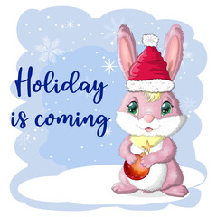 Cute cartoon rabbit in a Santa hat on a background of snow. Winter 2023, Christmas and New Year