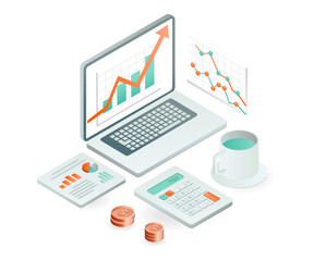 Isometric design concept data analysis of business development and earnings