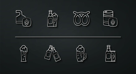 Set line Beer brewing process, Glass of beer, Metal keg, bottle, and glass, can and Pretzel icon. Vector