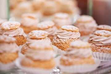 Fresh, appetizing, sweet, modern desserts close up on a decorated festive buffet table