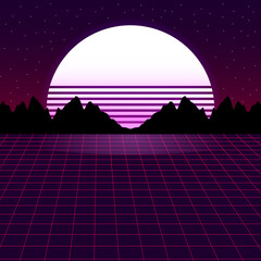 Fototapeta na wymiar 80s retro wave or synth wave styled landscape with purple grid and moon over mountains. stock vector illustration.