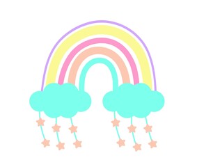 Bright rainbow with clouds and stars in boho style. Cute rainbow in pastel colors. Design element for baby clothes print, nursery interior, kids, wallpapers, posters