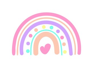 Cute childish illustration with abstract full color rainbow. Striped arc in vintage pastel colors with hearts. Simple vector clipart illustration isolated on white background