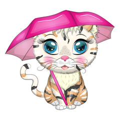 Cartoon cat with an umbrella. Autumn is coming. Cute child character, symbol of 2023 new chinese year