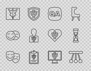 Set line Comedy and tragedy masks, Pendulum, Question Answer, Psychology, Psi, Rorschach test, Psychologist online and Old hourglass icon. Vector