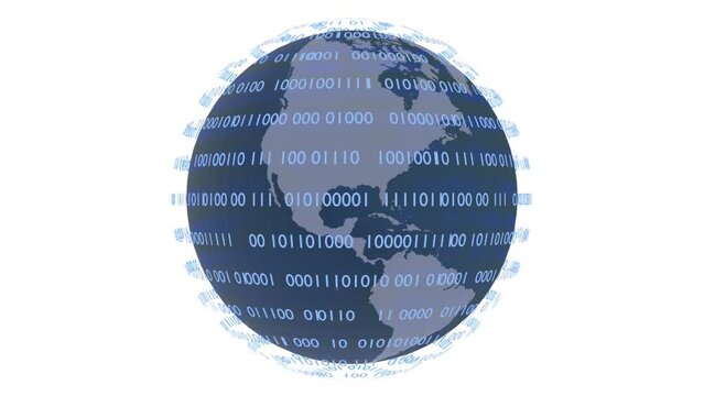 Filmato. Illustrazione 3D. Sfondo mondo digitale. Sequenza di zero e uno concetto di connessione globale tra persone, social network, e dispositivi informatici.