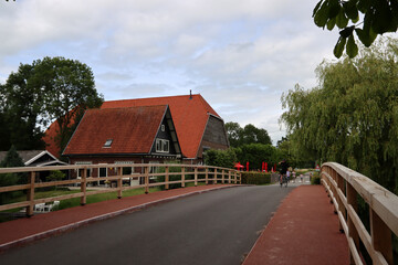 Classic Dutch rural scenery. Beautiful houses, green trees, empty road. Summer in farmland. 