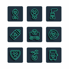 Set line Radioactive in shield, Electric car charging station, Nuclear power plant, cargo train, energy battery, bomb and icon. Vector