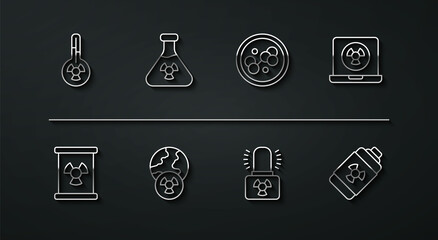 Set line Meteorology thermometer, Radioactive waste in barrel, Nuclear laptop, warning lamp, Planet earth and radiation, Test tube, energy battery and Molecule icon. Vector