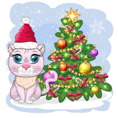 Naklejka premium Cute cartoon cat in Santa's hat near the decorated Christmas tree. Winter 2023, Christmas and Chinese New
