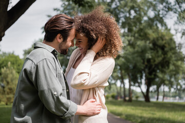 Fototapeta premium happy curly woman hugging with bearded man during date in summer park.