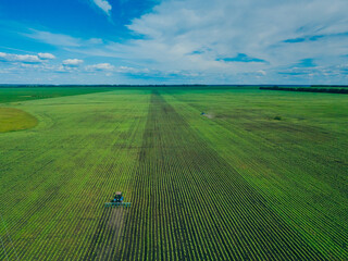 A tractor harrows a green field. Aerial view of farmer tractor ploughing in field