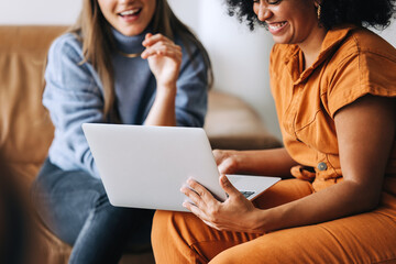 Cheerful businesswomen using a laptop together in an office lobby