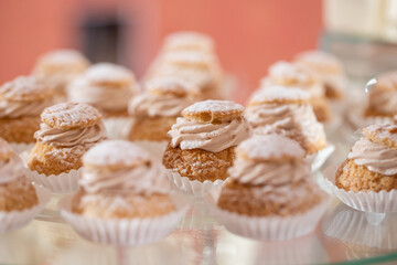 Fresh, appetizing, sweet, desserts close up on a decorated festive buffet table