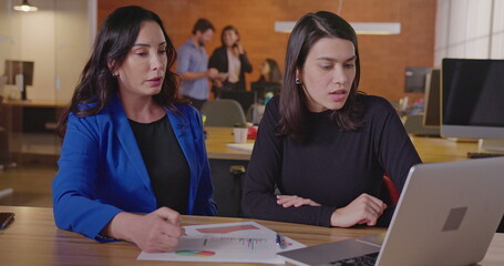 Female business leader pointing at laptop screen with younger staff. Senior executive coaching employee