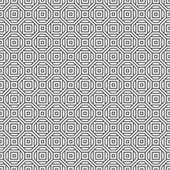 Repeated white figures on black background. Symmetric geometric wallpaper. Seamless surface pattern design with regular octagons and squares. Tiles motif. Digital paper for textile print. Vector art.