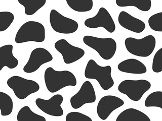 Cow animal skin seamless pattern. Hand drawn spots backdrop. Abstract random black shapes.  Vector illustration isolated on white.