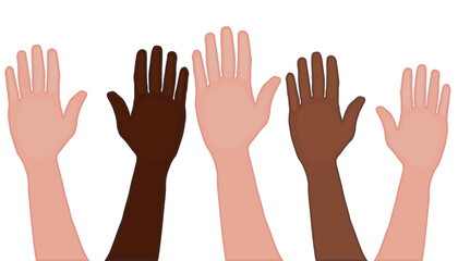 Vector of hands up in the air isolated. Election. Voting. Raised hands of different nationalities.