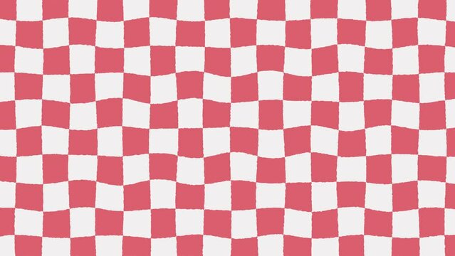 Wavy Red Checkers Animated Background, 4K Video. Distorted Magenta Checkerboard, Seamless Loop, Racing Motion Graphics, Video Stream and Channel Backdrop