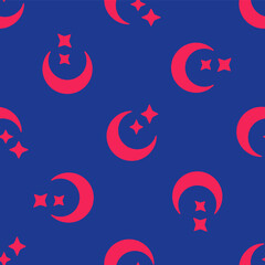 Red Moon and stars icon isolated seamless pattern on blue background. Cloudy night sign. Sleep dreams symbol. Full moon. Night or bed time sign. Vector