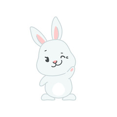 Fototapeta na wymiar Cute smiling bunny with winking eye. Flat cartoon illustration of a funny little rabbit isolated on a white background. Vector 10 EPS.