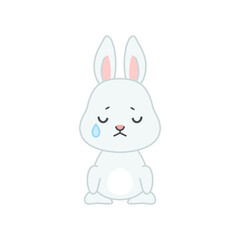 Cute crying bunny. Flat cartoon illustration of a little gray sad rabbit isolated on a white background. Vector 10 EPS.